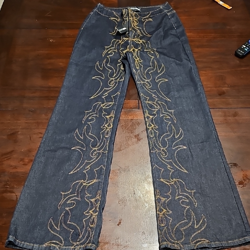 Fashion Nova Blue Flare Jeans with Embroidery